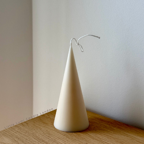 connie cone shape soy wax pillar candle made by little lumi london